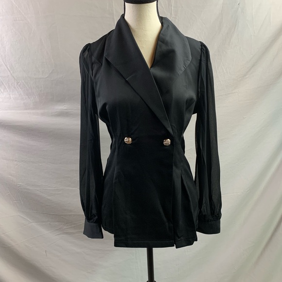 Black Shawl Collar Sheer Sleeve Blazer - Picture 6 of 9